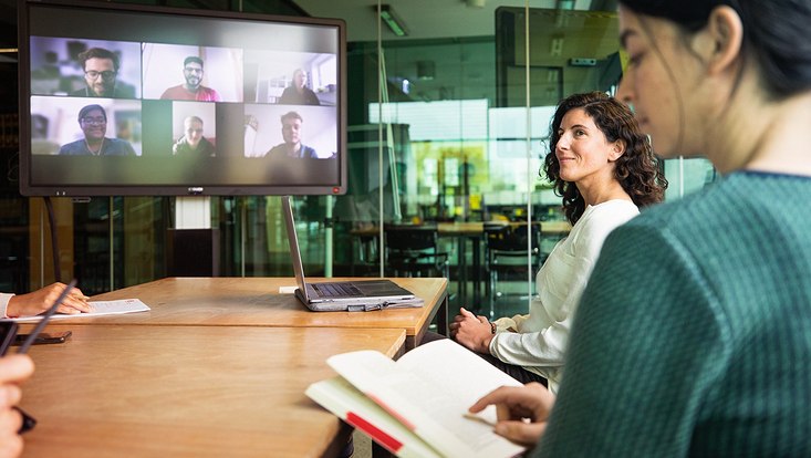 Zwei Personen am Konferenztisch vor einem Monitor, der weitere Personen zeigt