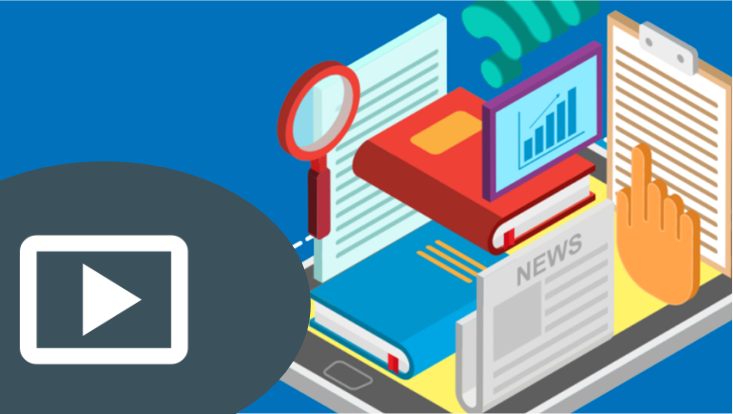 Illustration: Play-Knopf vor Büchern, Tabellen und Tablet/Illistration: Play button above books, charts and tablet